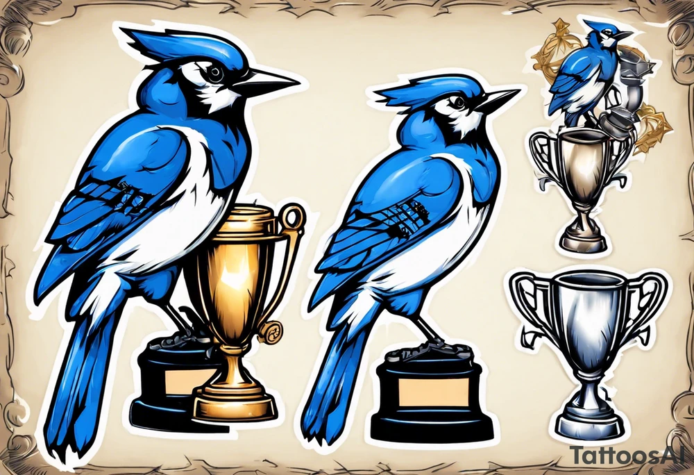 mean looking bluejay holding a trophy tattoo idea