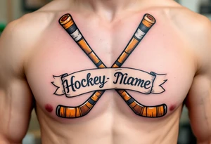 Crossed Hockey Sticks and Banner – Two detailed wooden hockey sticks (brown with black tape) crossed behind a scroll banner with a name or date in bold script. tattoo idea