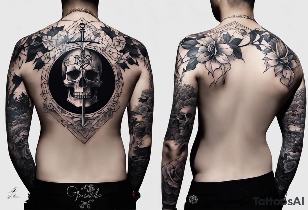 A sleeve tattoo whose elements seem to be connected into one story. Elements on the tattoo: a skull with a rose sticking out of the eye, plants, a girl’s face turning into roots, a destroyed old chain, a broken sword, a butterfly and you can add some connecting elements tattoo idea