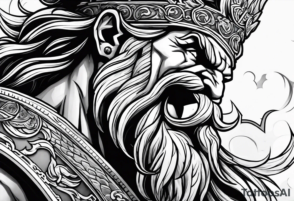 The enraged god Zeus the Thunderer with lightning bolts in a furious tattoo idea