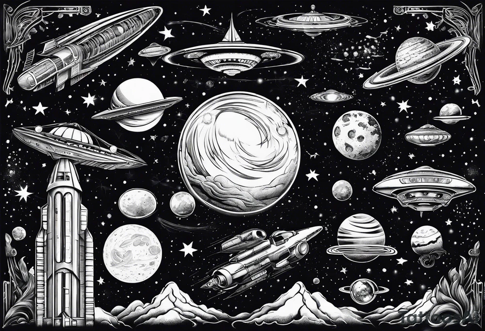 space themed arm sleeve with aliens ufos airplanes and rockets tattoo idea