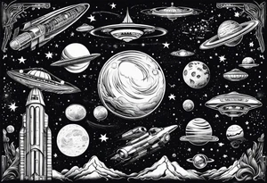space themed arm sleeve with aliens ufos airplanes and rockets tattoo idea