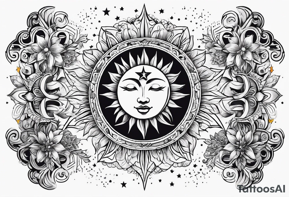 Sun moon and stars without facial features tattoo idea