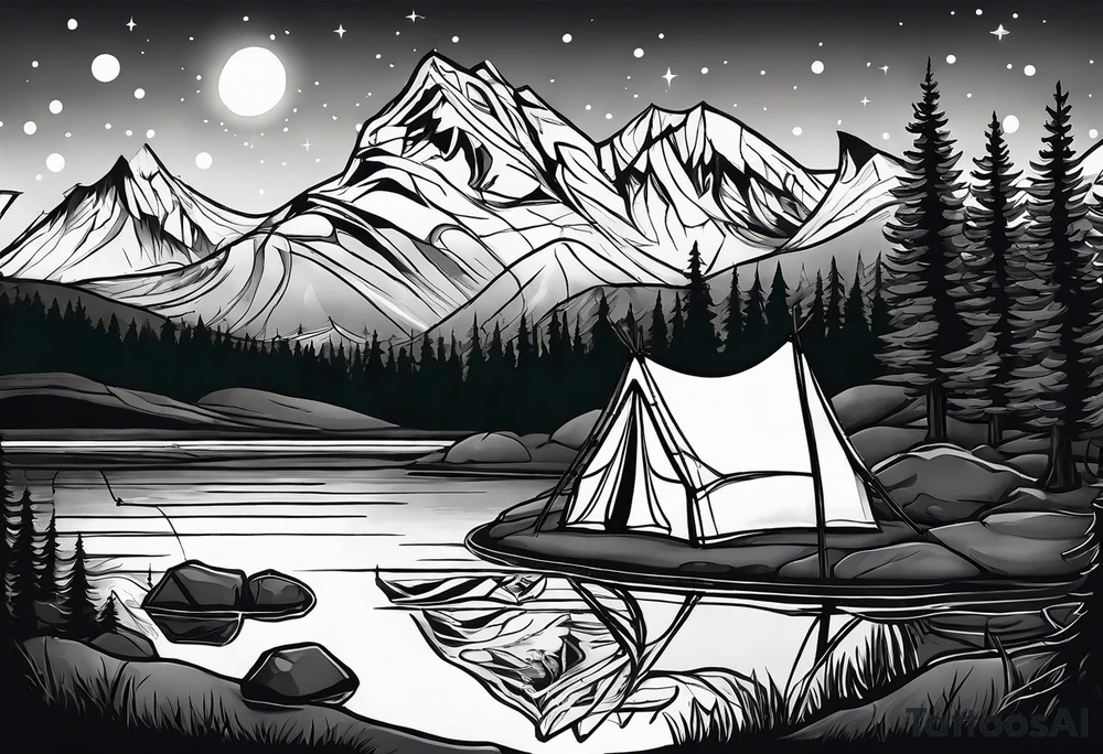 tent and camp fire with stone seating with a pond forrest mountains and the northern lights in the sky tattoo idea