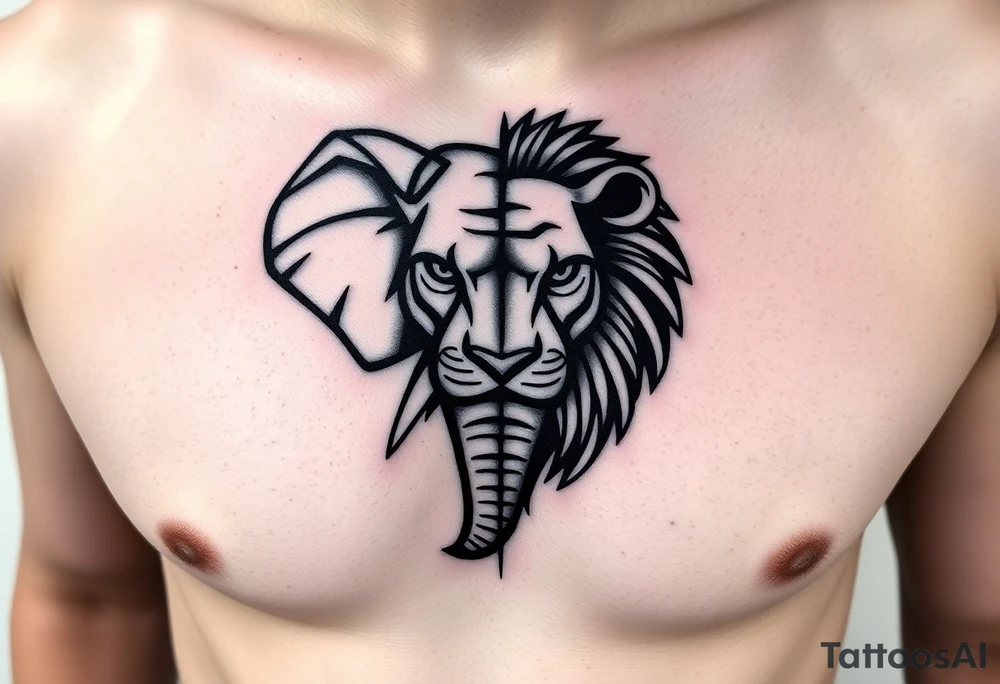 A half elephant half lion head divided by a vertical line on a ribcage using abstract geometric tattoo idea