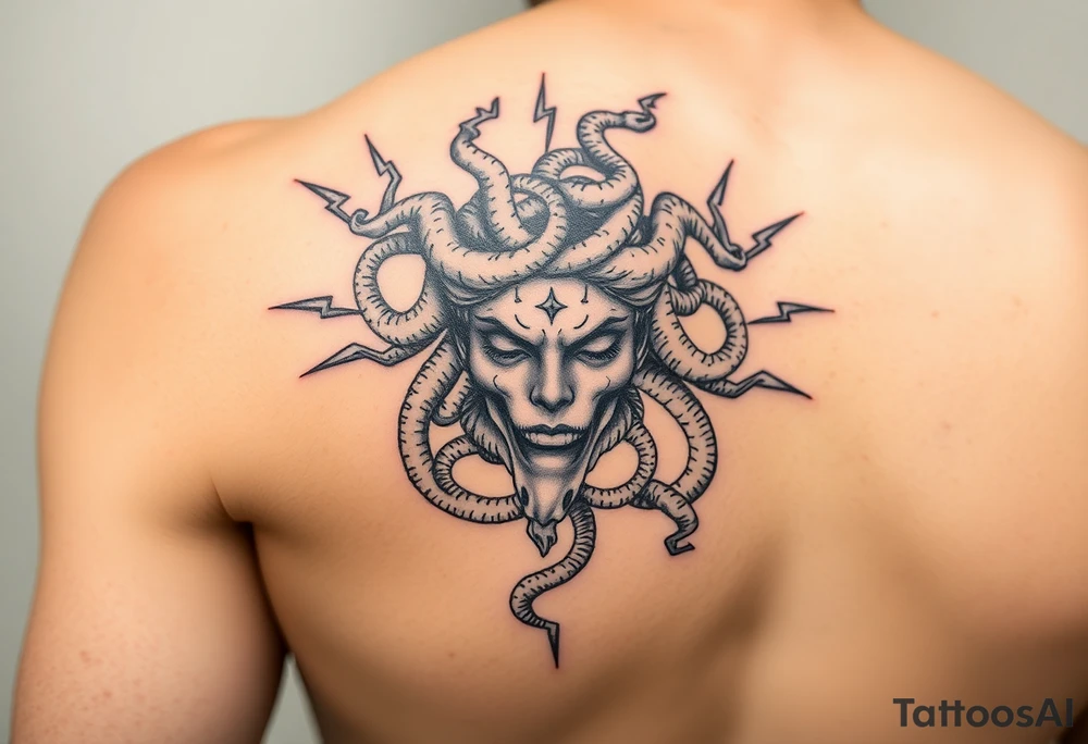 female Medusa Head containing snakes and surrounded by lightnings in sketch style, black color and on the outer forearm tattoo idea