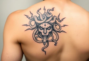 female Medusa Head containing snakes and surrounded by lightnings in sketch style, black color and on the outer forearm tattoo idea