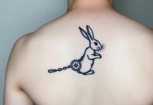 Small tattoo on the left forearm of a rabbit going down the rabbit hole with a compass dragging behind him attached to a chainbthat hooks around the rabbit tattoo idea