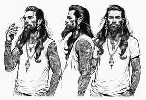 A man standing full-length, with long hair, smoking a cigarette, with earrings in his ears, no headgear tattoo idea