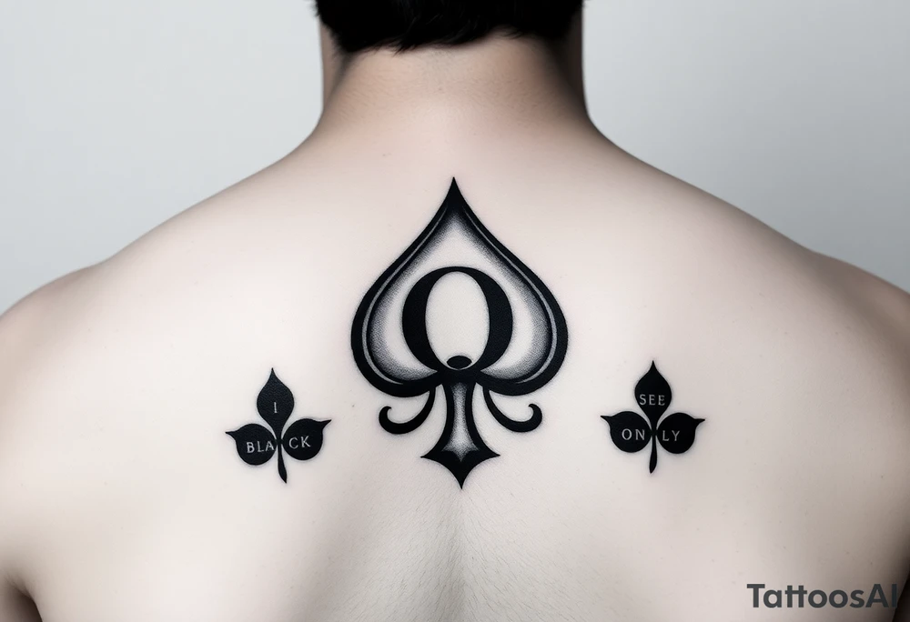 A spade womb tattoo with a Q in the center, with three points around the outside. The first reading, "BLACK". The second reading, "SEED". The third reading, "ONLY". tattoo idea