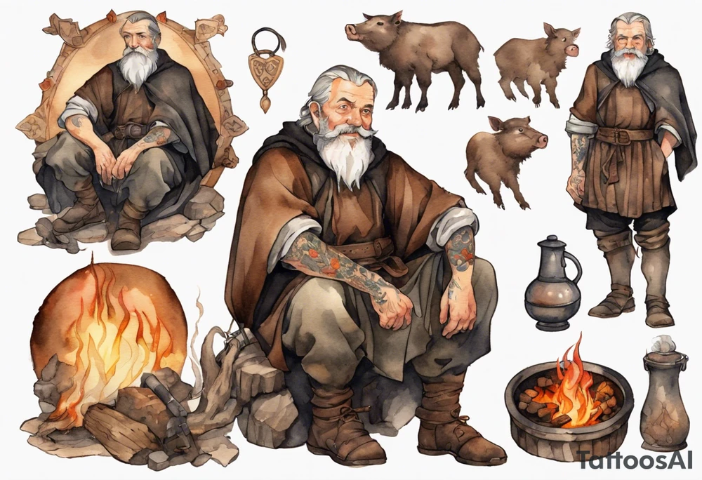 a 55-year-old medieval Bavarian man with a grey beard and broad shoulders wearing a brown and black tunic sitting by a fire with his pet boar tattoo idea