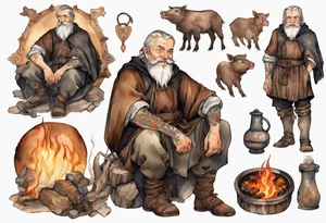 a 55-year-old medieval Bavarian man with a grey beard and broad shoulders wearing a brown and black tunic sitting by a fire with his pet boar tattoo idea