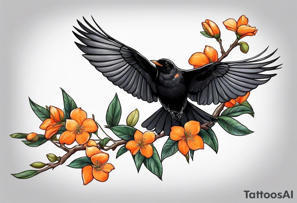 blackbird leaving on an orange blossom branch with its wings up tattoo idea