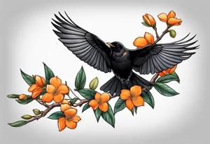 blackbird leaving on an orange blossom branch with its wings up tattoo idea