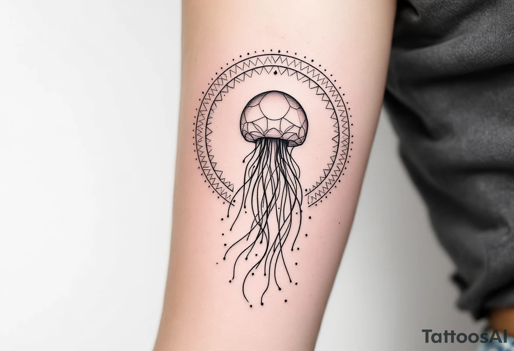 minimal fine-line tattoo, single jellyfish, sacred geometry surround, dotwork patterns, jellyfish bell dome, flowing tentacles, trailing streamers, geometric mandala, radiating dotwork, minimalist design, black grey lines, soft shading, no outlines, geometric frame, organic jellyfish form, upper arm shoulder placement, light airy feel, delicate linework, geometric backdrop, clean lines, radiating patterns, simple jellyfish centerpiece, minimalist, psychedelic, not symmetrical tattoo idea