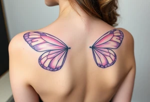 A dreamy portrait of a Virgo woman with delicate butterfly wings, in soft lavender, pink, and pearl white hue tattoo idea