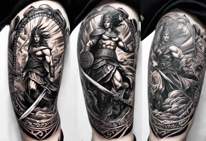 Leg sleeve tattoo of warriors fro
 Different eras tattoo idea