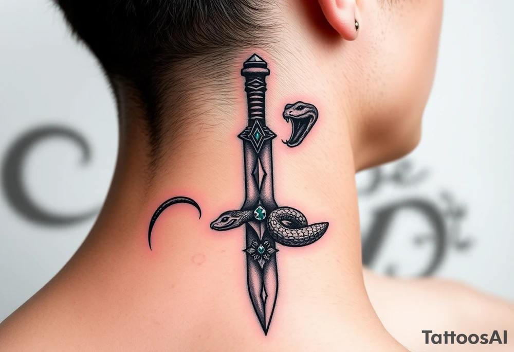 mystical snake coiled around an ancient dagger with jeweled hilt tattoo idea