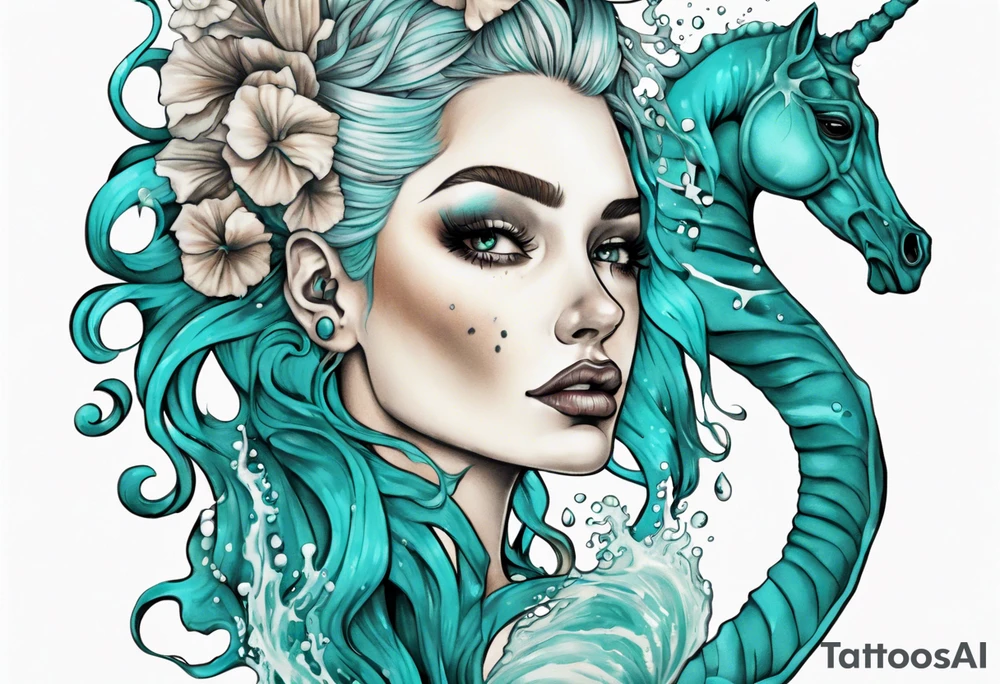 a tall woman made of water with turquoise hair riding a seahorse tattoo idea