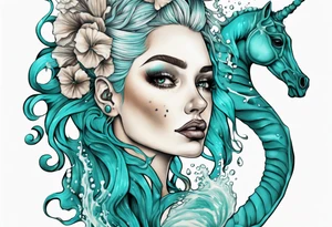 a tall woman made of water with turquoise hair riding a seahorse tattoo idea
