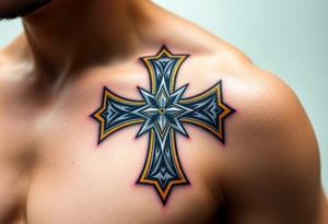 A metallic silver Templar cross with a golden outline, designed in a 3D engraving style for a regal look. tattoo idea