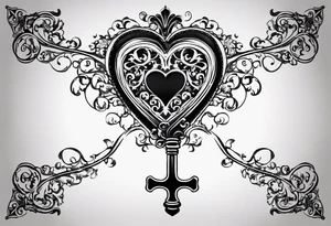 heart shaped skeleton key that looks antique made of metal. the year 2016 one the key. with antique scrolling and ornate details. this tattoo will go in the groin area or bikini line tattoo idea