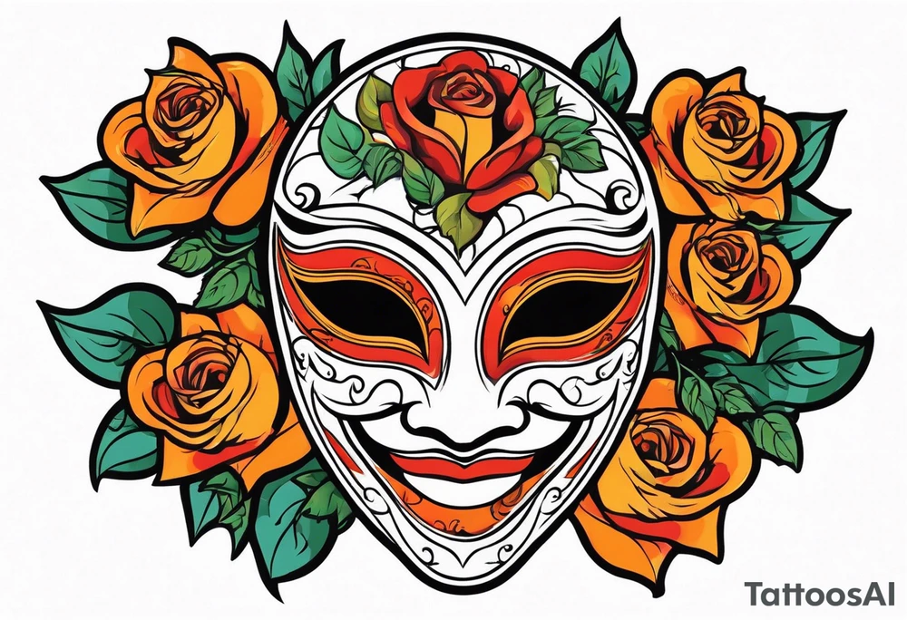 Laughing Male masquerade mask with orange and red roses tattoo idea