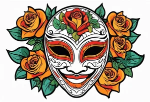 Laughing Male masquerade mask with orange and red roses tattoo idea