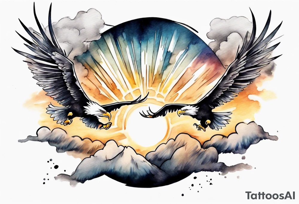 a shoulder tattoo with lots of rays of light in gradient starting from the middle
, clouds and eagles flying free tattoo idea