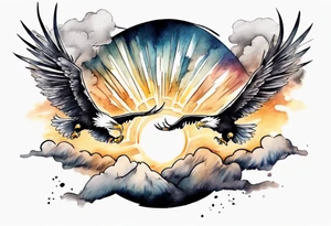 a shoulder tattoo with lots of rays of light in gradient starting from the middle
, clouds and eagles flying free tattoo idea