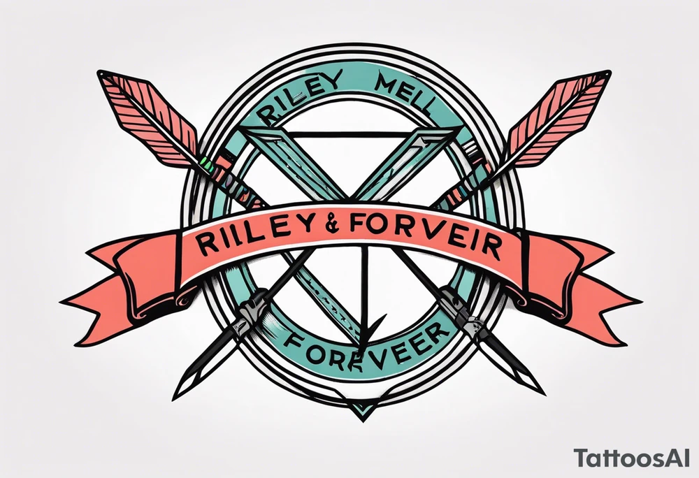 heart with arrow with ribbon that says "Riley and Mel forever" tattoo idea