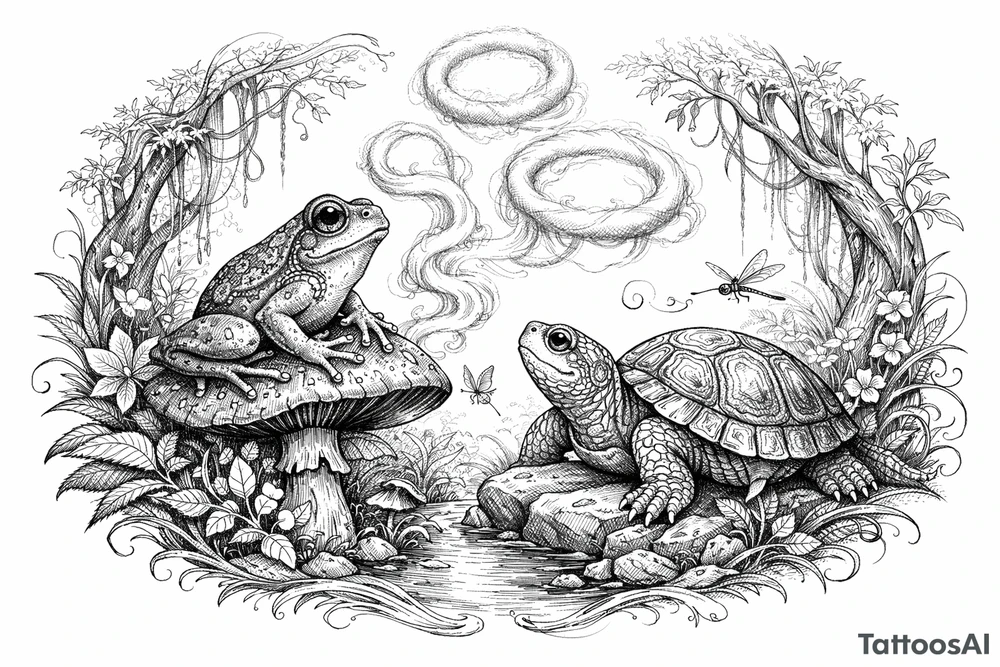 Mystical forest scene with a frog and turtle, smoke rings, soft colors. tattoo idea