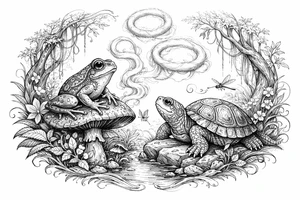 Mystical forest scene with a frog and turtle, smoke rings, soft colors. tattoo idea