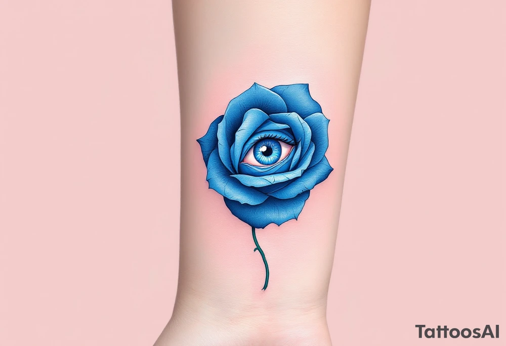 Surreal blue rose with an eye at the center, deep blue petals surrounding a realistic, icy blue human eye. tattoo idea