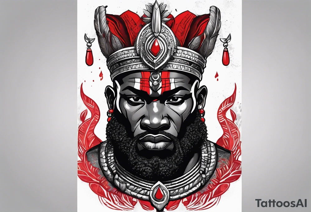 african god of war,  wearing a small silver crown and wearing a red necklace tattoo idea
