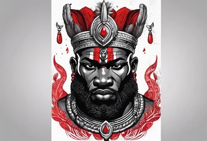 african god of war,  wearing a small silver crown and wearing a red necklace tattoo idea