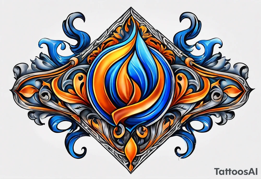 Blue and orange flame that has a half square thin line border. Make it as small as possible. The tattoo should be the size of a half dollar coin. tattoo idea