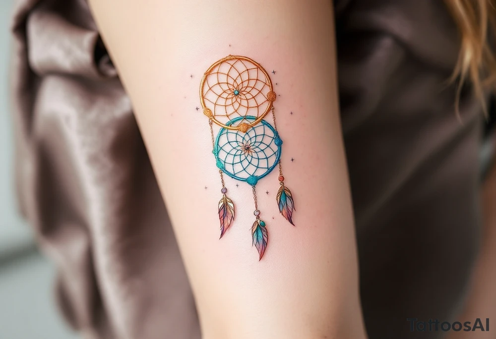 Three delicate dreamcatchers, each woven in a different hue—turquoise, gold, and silver—with small charms representing each person. tattoo idea