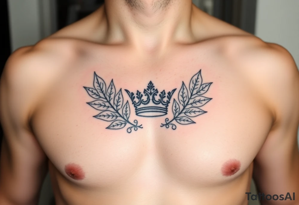 Chest tattoo, two bay leaf and crown between tattoo idea