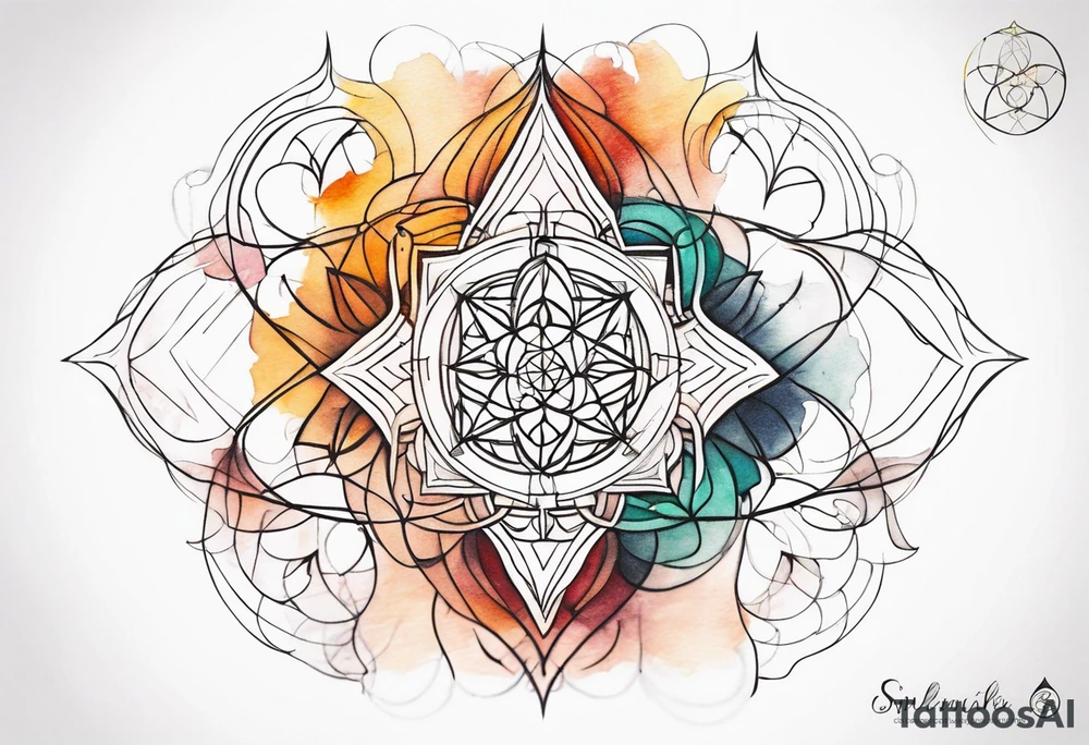 front knee tattoo with sacred geometry, swirls & washes, background and in fall colors tattoo idea