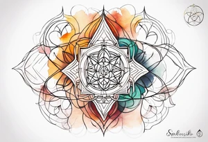 front knee tattoo with sacred geometry, swirls & washes, background and in fall colors tattoo idea