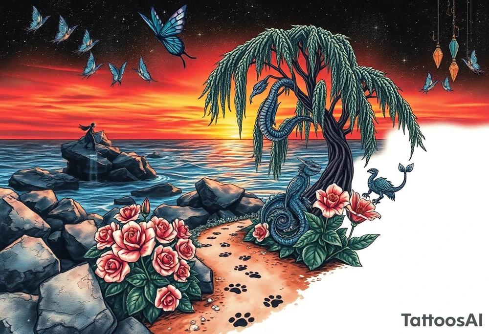 Sunset galaxy. Rocky Dark Ocean.  fairies, siren, dragons  weeping willow garden with roses and lilies flower beds,,  cat paw prints path in dirt. tattoo idea