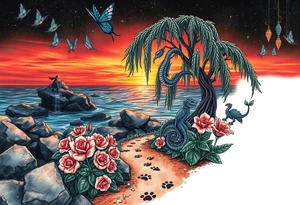 Sunset galaxy. Rocky Dark Ocean.  fairies, siren, dragons  weeping willow garden with roses and lilies flower beds,,  cat paw prints path in dirt. tattoo idea