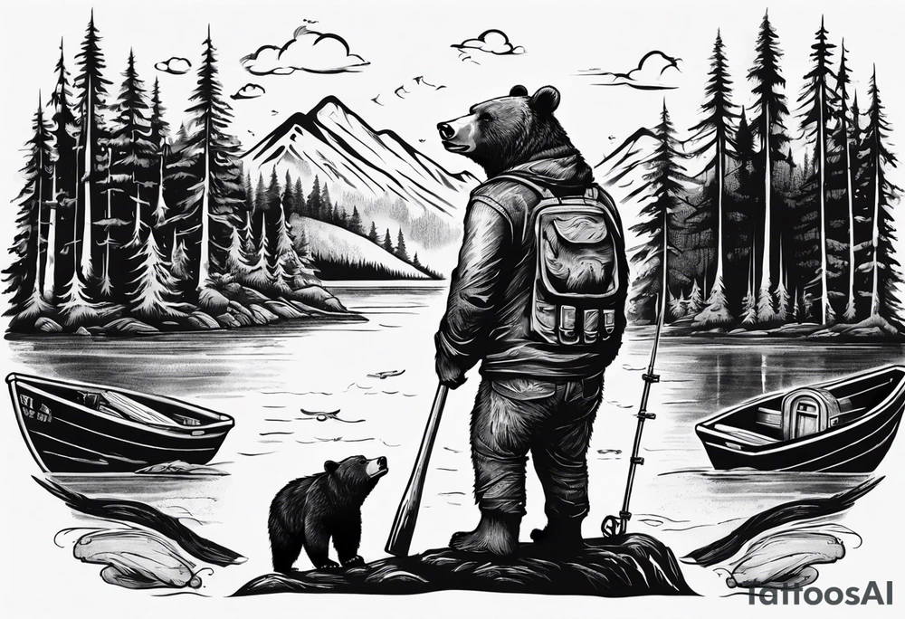 bear, forest, lake, small man on a fishing boat, appalachia, arm sleeve tattoo tattoo idea
