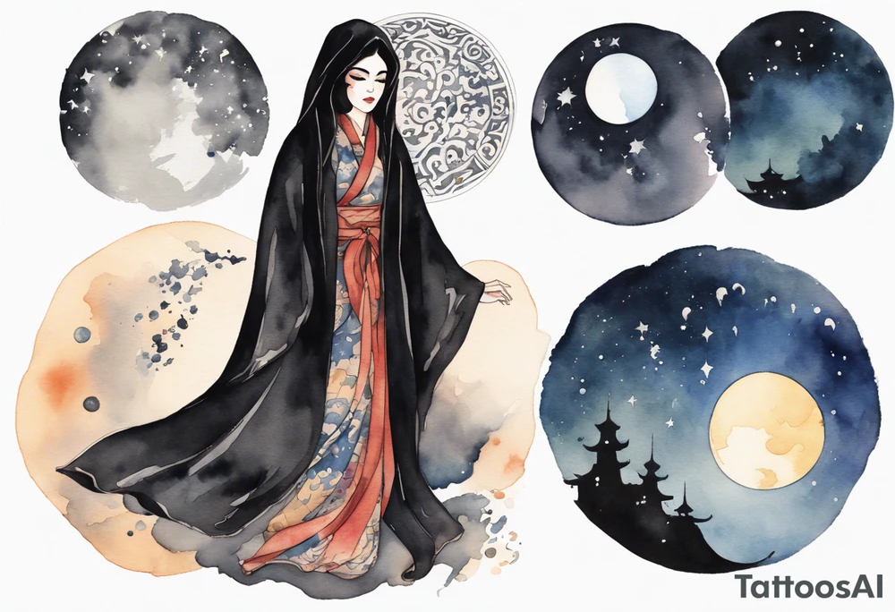 a watercolor of a beautiful 45-year-old Persian woman wearing black and cloak with the night sky in the background tattoo idea