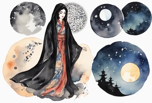 a watercolor of a beautiful 45-year-old Persian woman wearing black and cloak with the night sky in the background tattoo idea