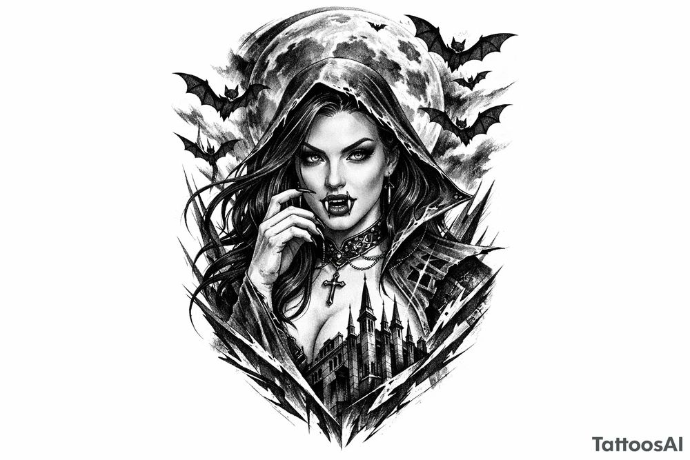 female vampire,bats,full moon. tattoo idea