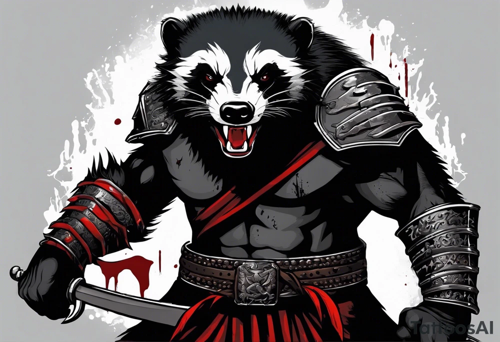 Draw me psychopath Honey Badger/Berserker with aggressive full body, killer face with a scary smile, very long nails and he attacks like a Bloody Assassin/Warrior/Gladiator to us and also, he has very deadly looking. He fights with his nails only. Everybody scares after their first sight. Give me horror type Badger Tattoo. I want to see his Realistic full body with no weapons. You can show destruction at the back. tattoo idea
