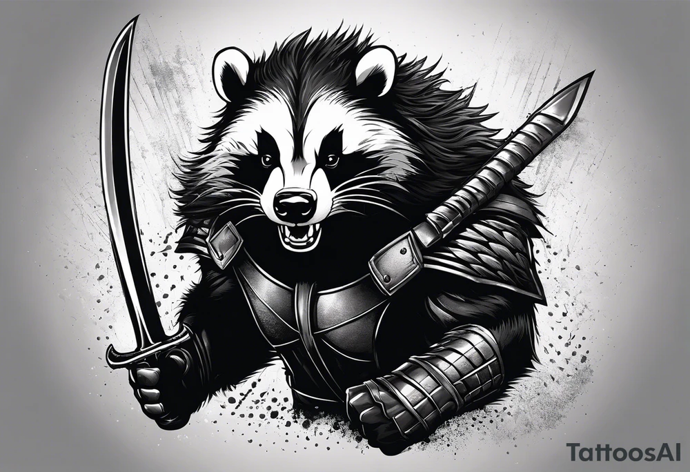 Draw me badger/wolverine with aggressive full body show, killer face with cute smile, very long nails and he attacks like a Turkish gladiator to enemy and also he has very deadly looking. The only weapon is his braveness he fights with his claws. tattoo idea