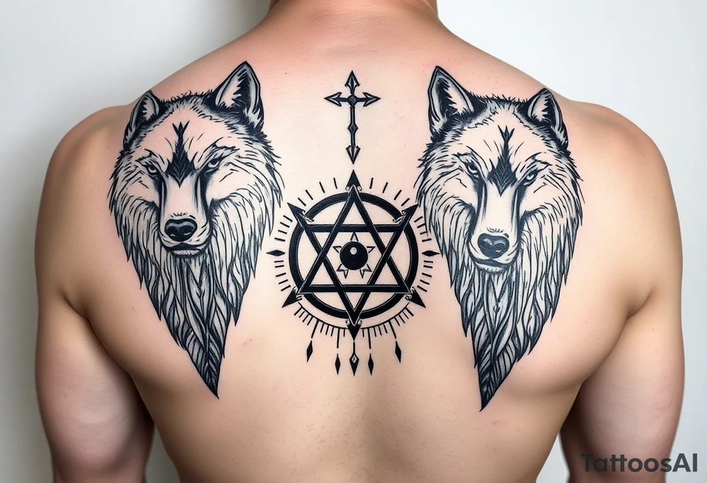 powerful wolfs with a Triskelion also yin and yang and some meaningful stripes tattoo idea